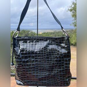 EUC Brighton Cher Hunter/Navy Croc Embossed Patent Leather Hobo Shoulder Bag